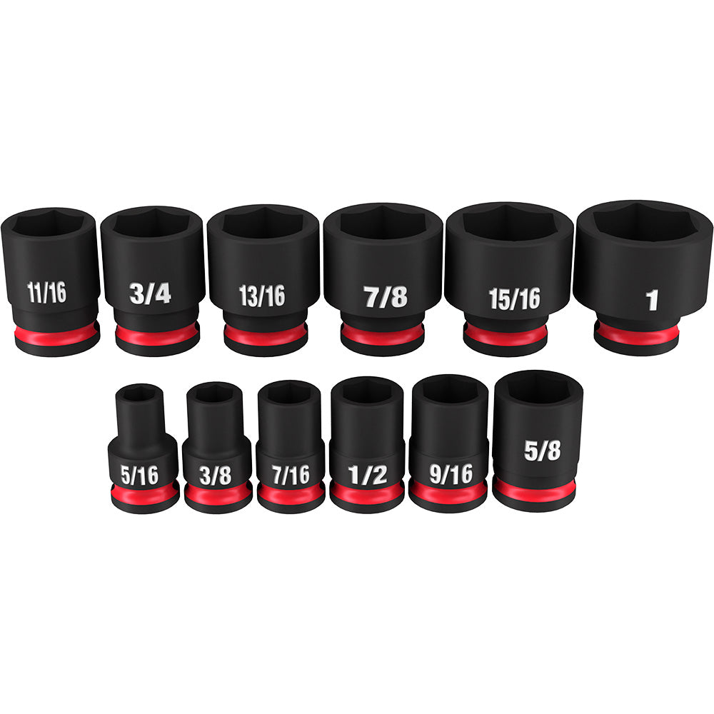 Twelve black impact sockets with red bands arranged in two rows, labeled with SAE sizes from 5/16 to 1 inch.