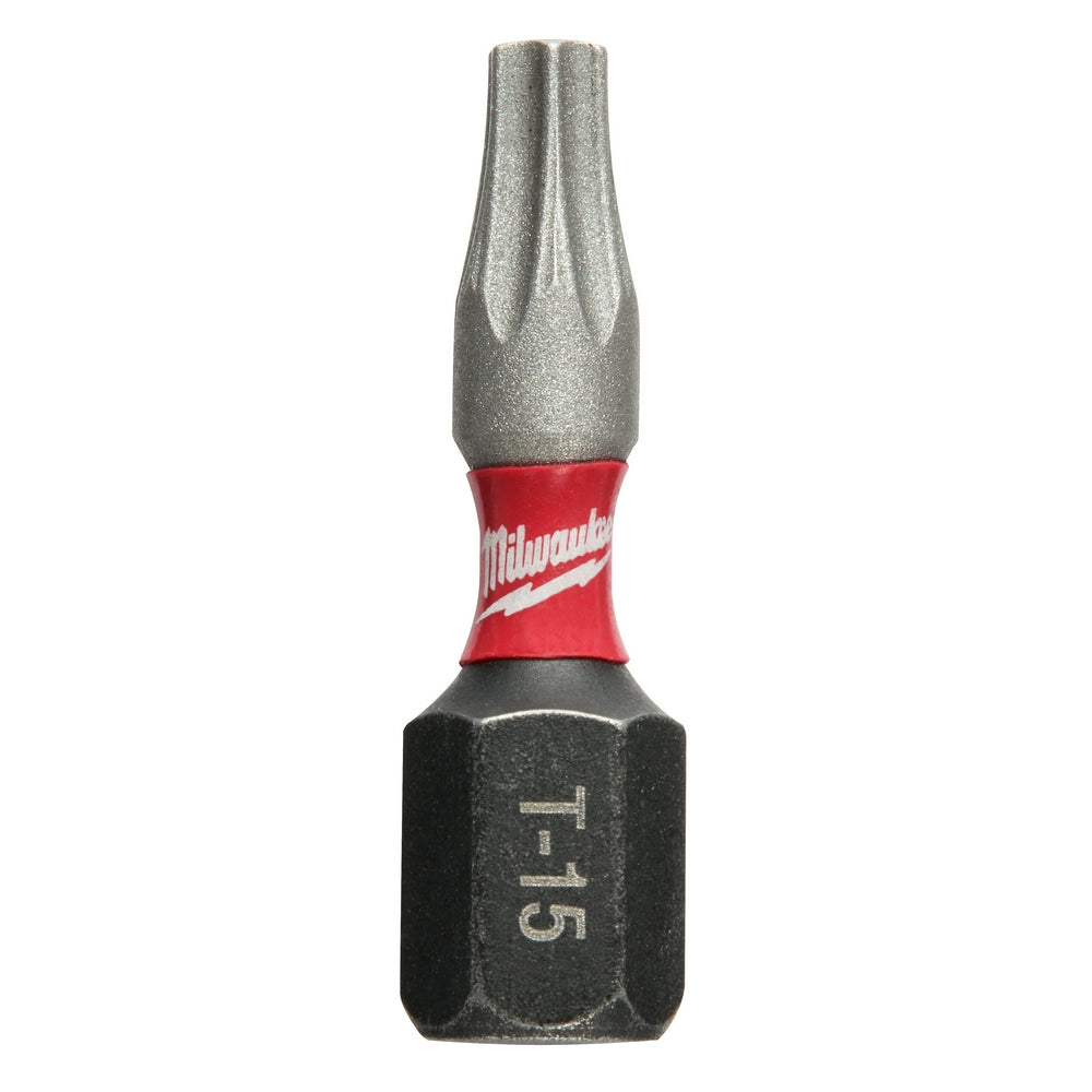 T15 Torx impact driver bit with red Milwaukee band and black hex shank on white background.