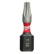 T15 Torx impact driver bit with red Milwaukee band and black hex shank on white background.