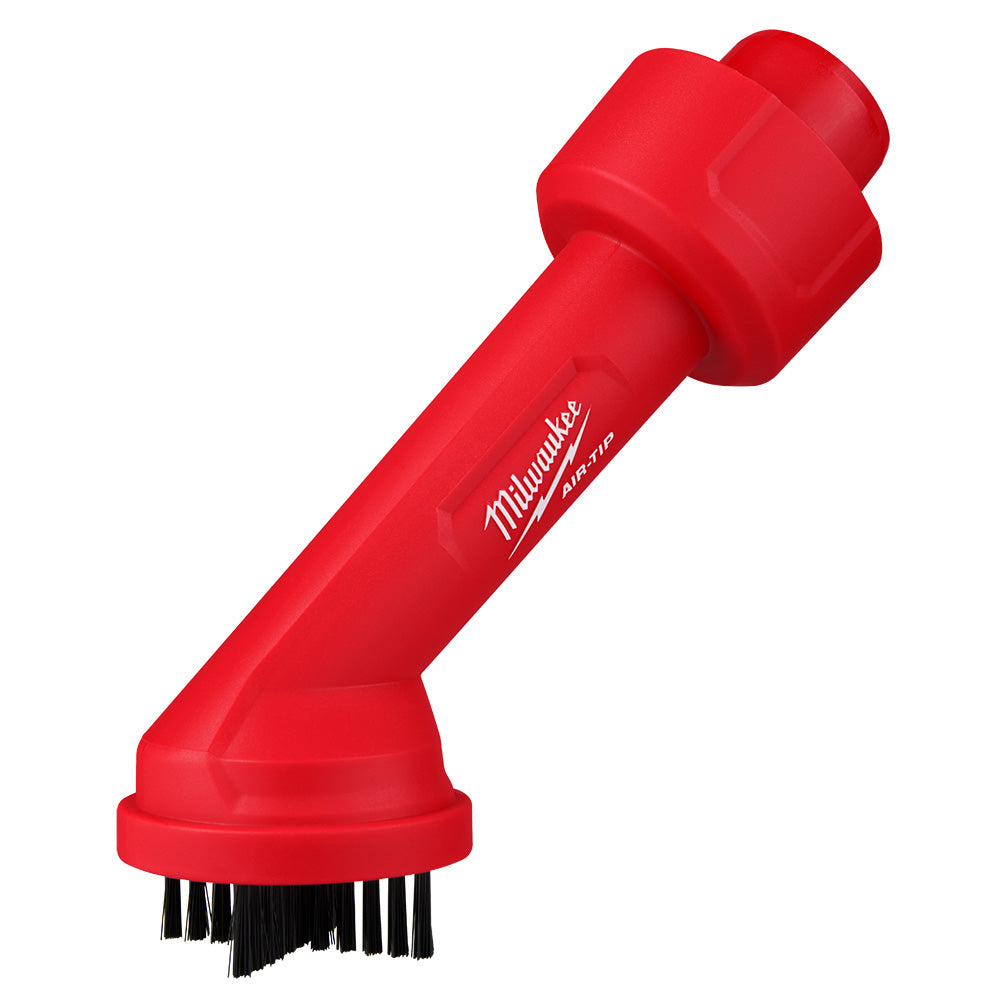 Red Milwaukee AIR-TIP cross brush tool with black bristles and angled head attachment.