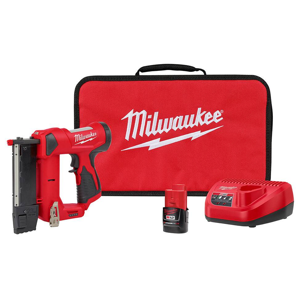 Red Milwaukee M12 pin nailer kit with red carrying case, battery, and charger.