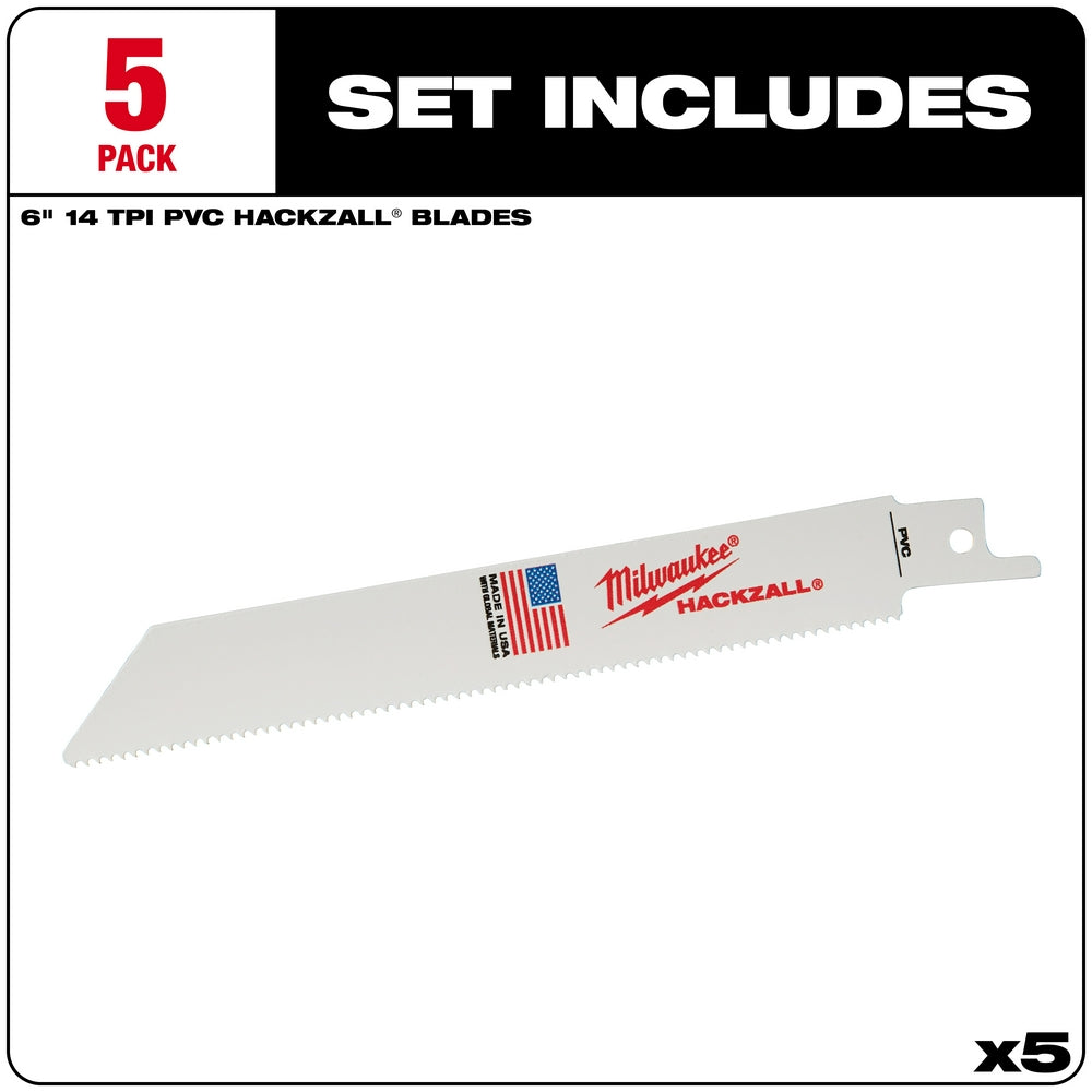 Milwaukee Hackzall 6" reciprocating saw blade with 14 TPI teeth and mounting hole, shown as part of five-pack set.