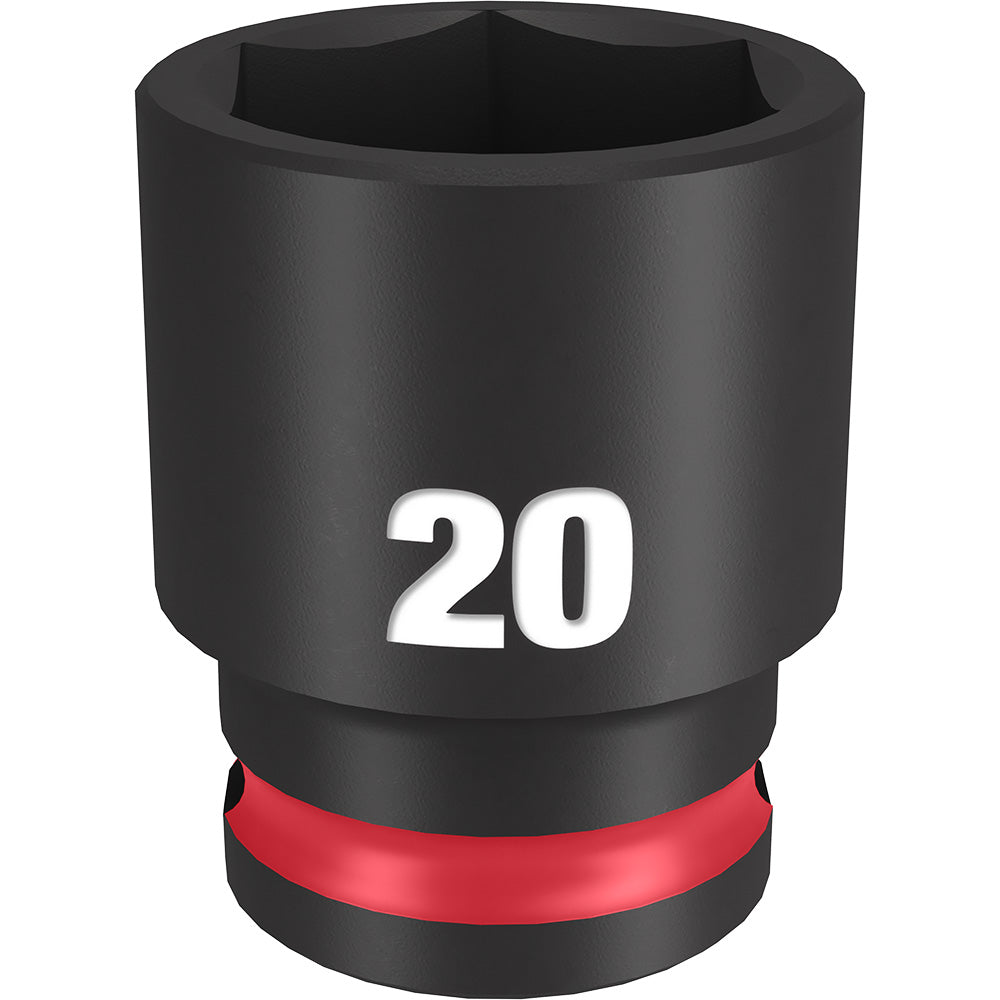Black 20MM socket with 3/8" drive and six-point opening, red grip band near base.