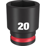 Black 20MM socket with 3/8" drive and six-point opening, red grip band near base.