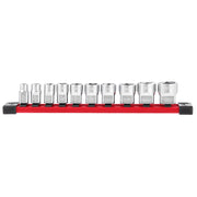 Ten chrome sockets with four flat sides arranged on a red and black storage rail.