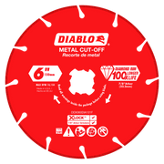 Red 6-inch diamond rimmed metal cut-off disc with white segmented rim and 7/8-inch arbor hole.