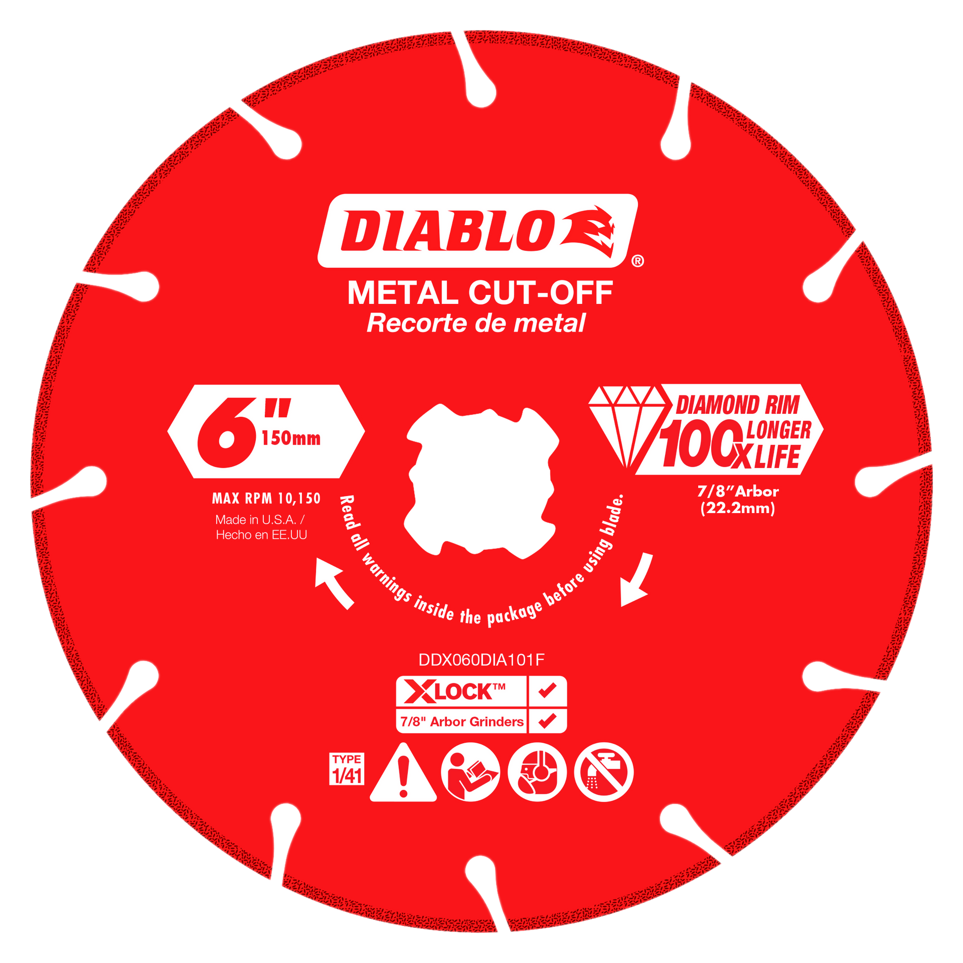 Red 6-inch diamond rimmed metal cut-off disc with white segmented rim and 7/8-inch arbor hole.