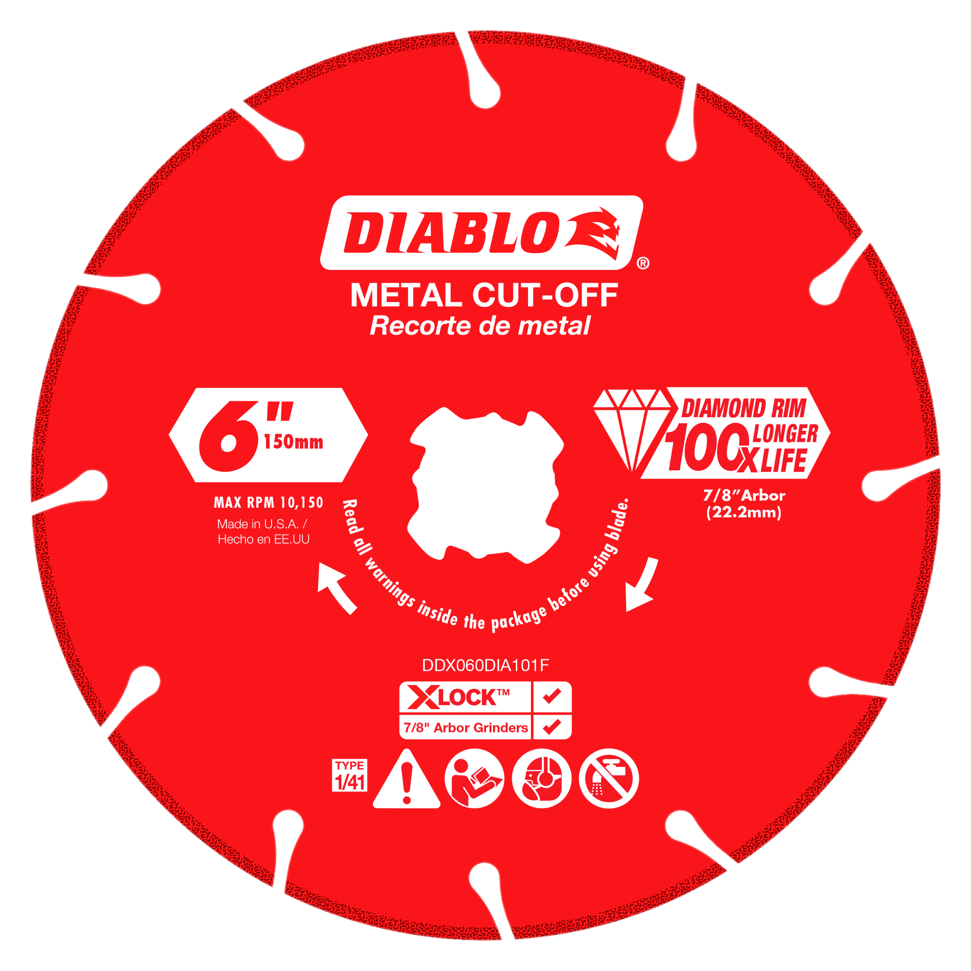 Red 6-inch diamond rimmed metal cut-off disc with white segmented rim and 7/8-inch arbor hole.