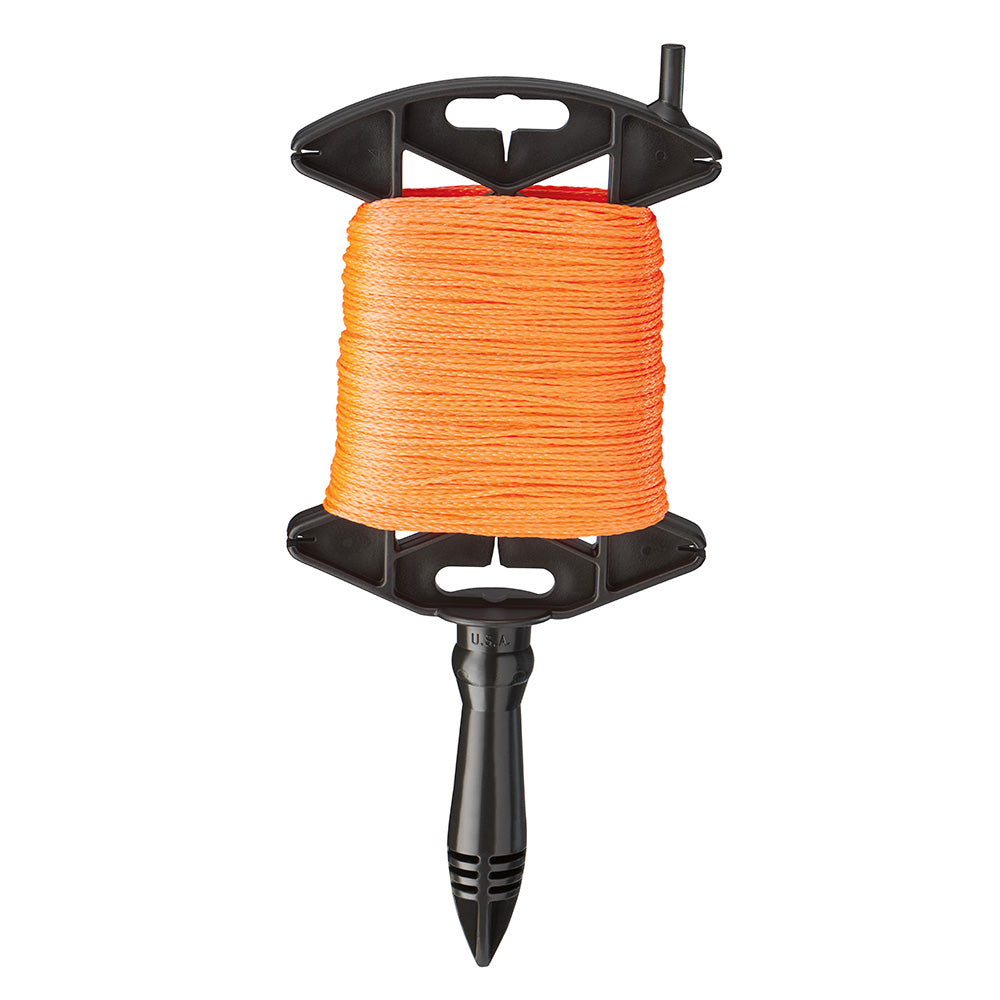 Orange braided chalk line wound on black reel with handle and ground spike.