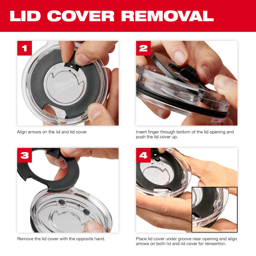 Four-step instructional diagram showing how to remove and reinsert the lid cover on a drink tumbler.
