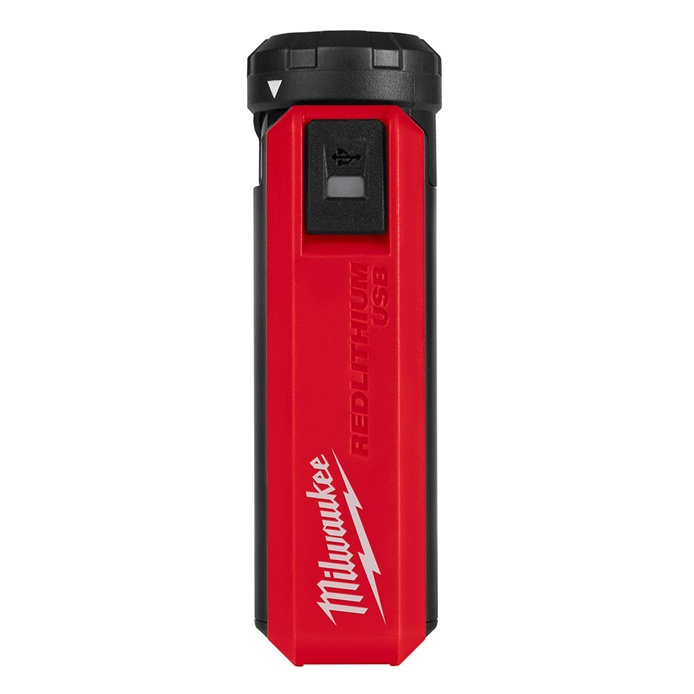Milwaukee REDLITHIUM USB charger with red and black cylindrical body and USB port on front.