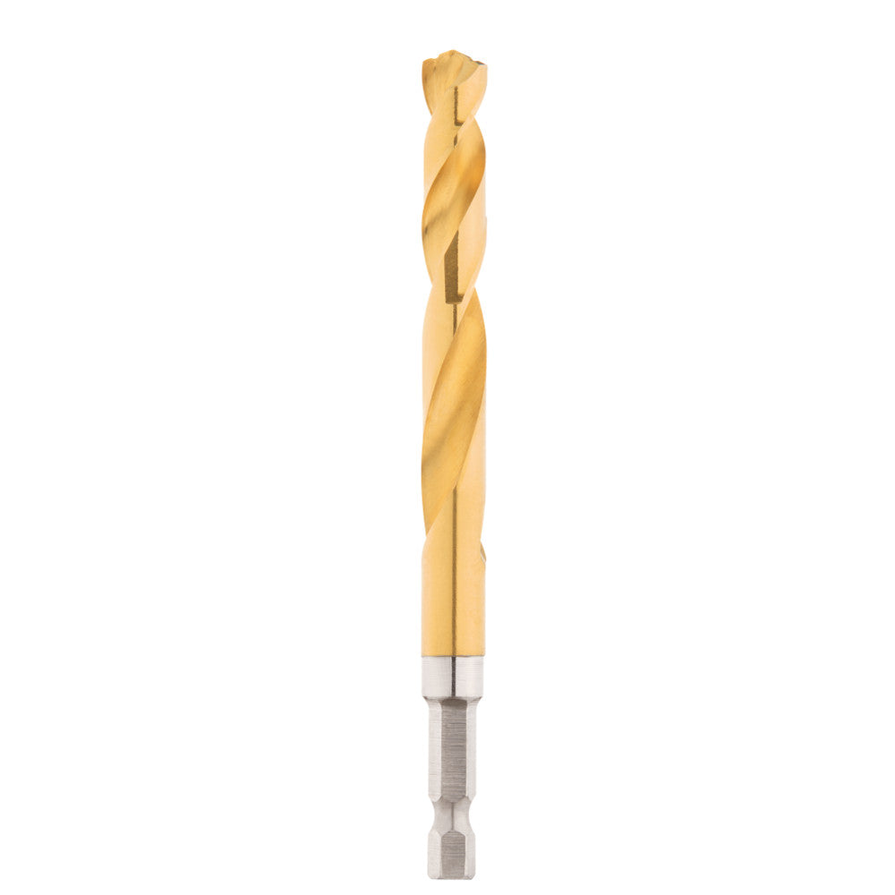 Gold titanium-coated twist drill bit with 3/8 inch diameter and hex shank against white background.