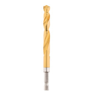 Gold titanium-coated twist drill bit with 3/8 inch diameter and hex shank against white background.