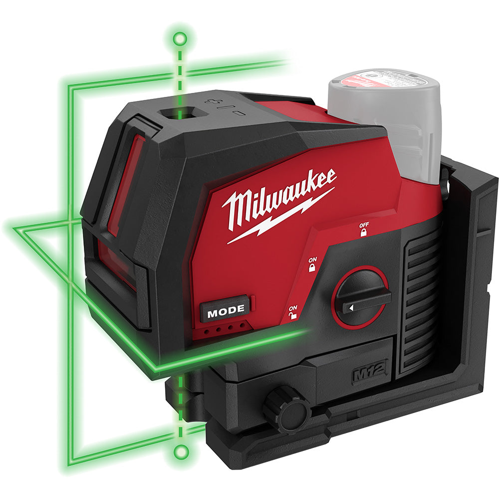 Red and black Milwaukee M12 laser projecting green cross lines and plumb points on wall with battery attached.