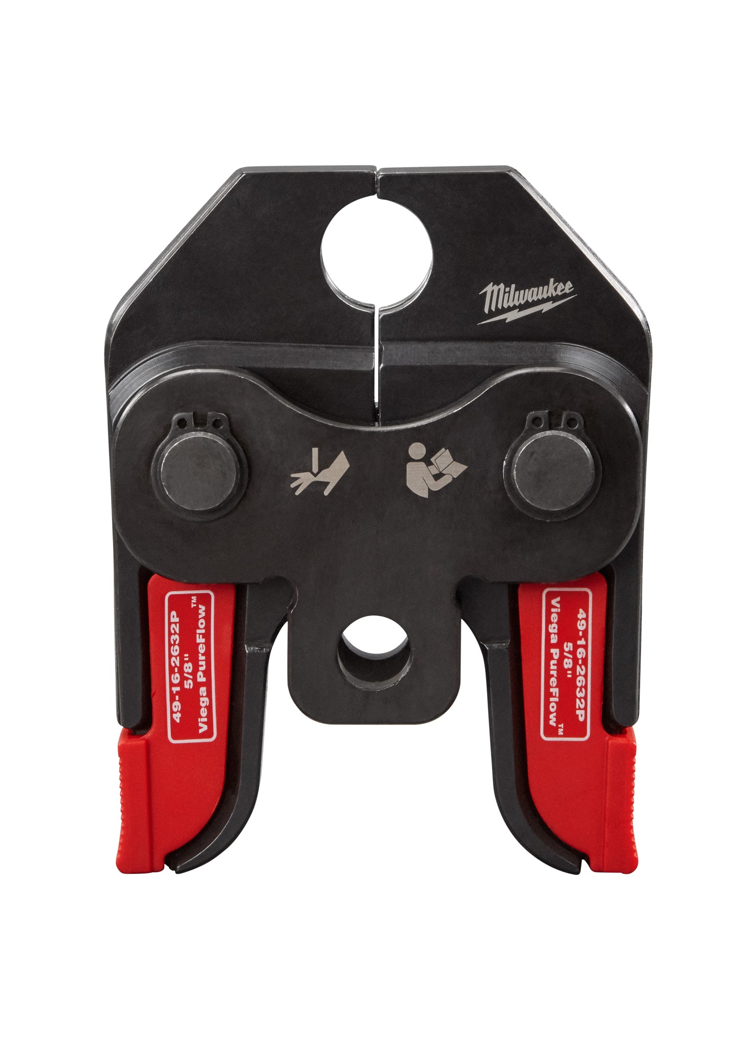 Black and red Milwaukee press tool jaw with circular openings and Viega PureFlow compatibility markings.