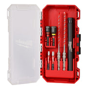 Seven-piece drill bit and screw install kit in red Milwaukee carrying case with two carbide hammer drill bits and accessories