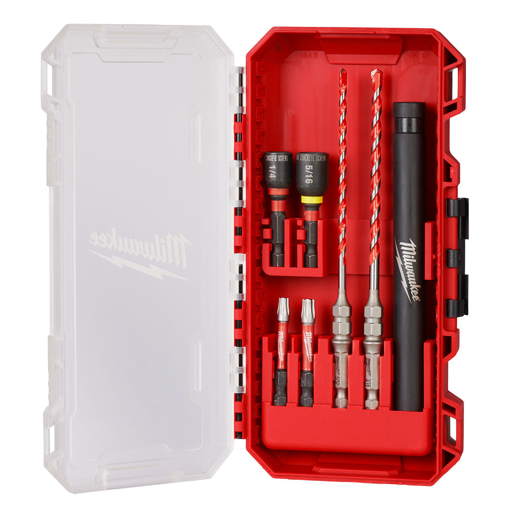 Seven-piece drill bit and screw install kit in red Milwaukee carrying case with two carbide hammer drill bits and accessories