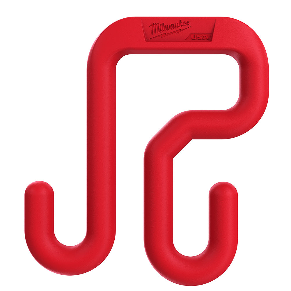 Red plastic bucket hook with curved design and Milwaukee branding on top.