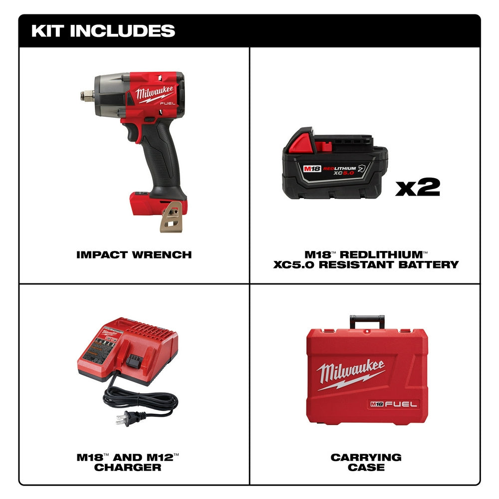 Milwaukee M18 FUEL 1/2" mid-torque impact wrench kit with two batteries, charger, and red carrying case.