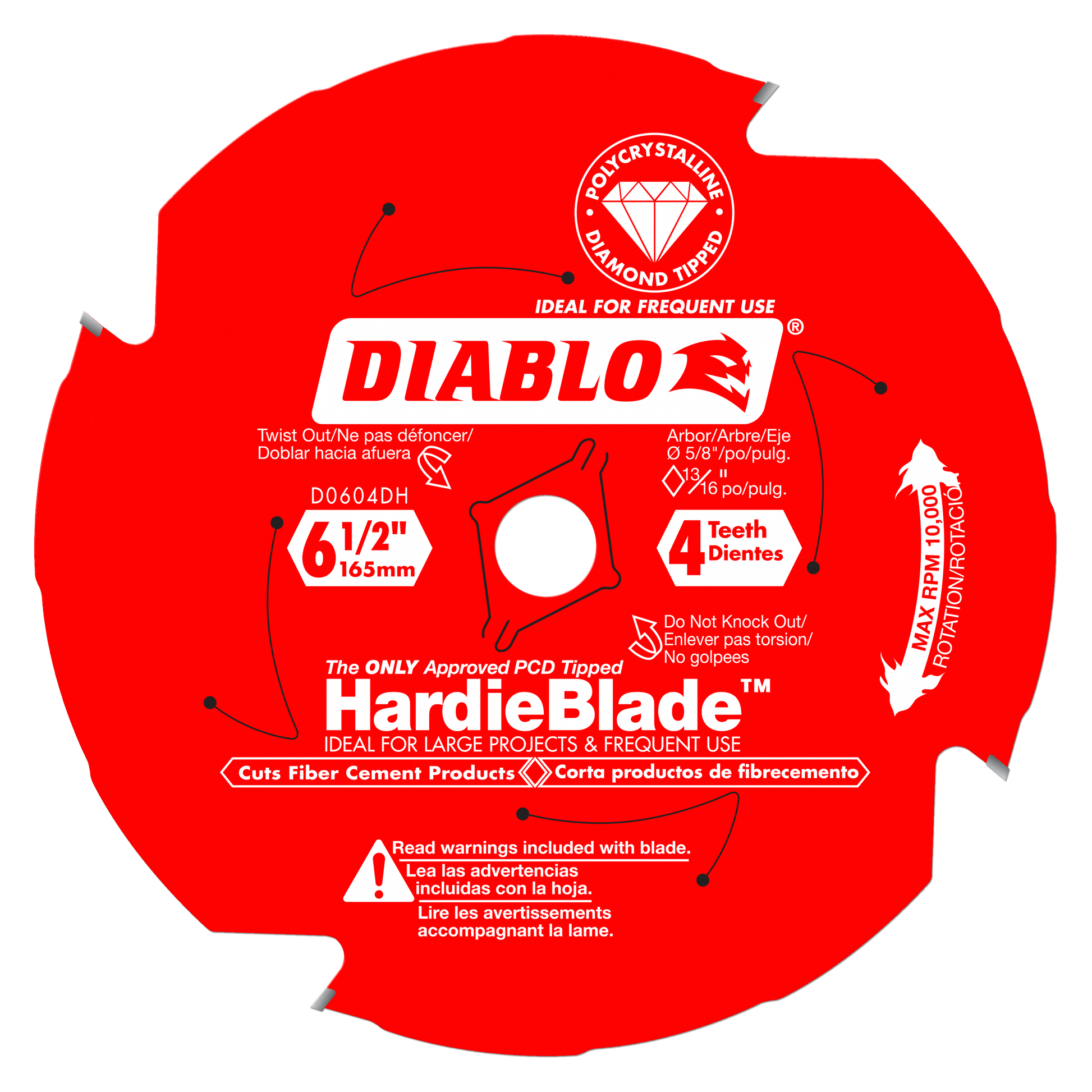 Red circular saw blade with 4 teeth, 6-1/2 inch diameter, labeled Diablo HardieBlade for fiber cement cutting.