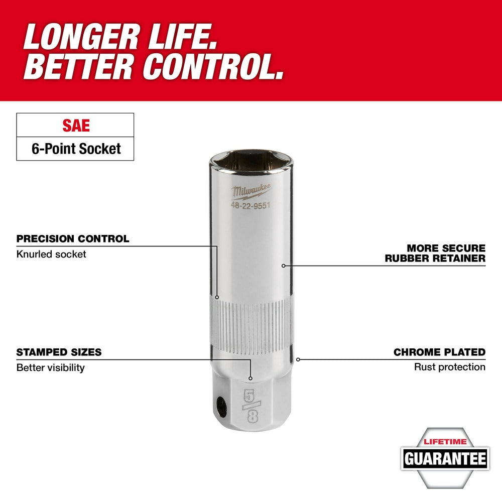 Chrome-plated 3/8" drive spark plug socket with knurled grip, rubber retainer, and stamped size markings.