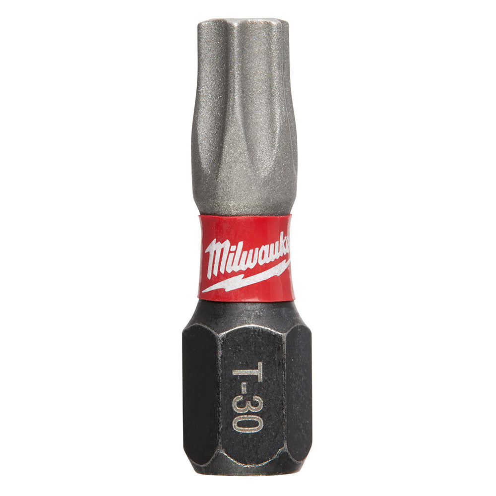Milwaukee Shockwave T30 impact driver bit with red band and black hexagonal end marked T30.