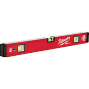 Red Milwaukee REDSTICK box level with two spirit vials, magnetic edge, and black end caps.