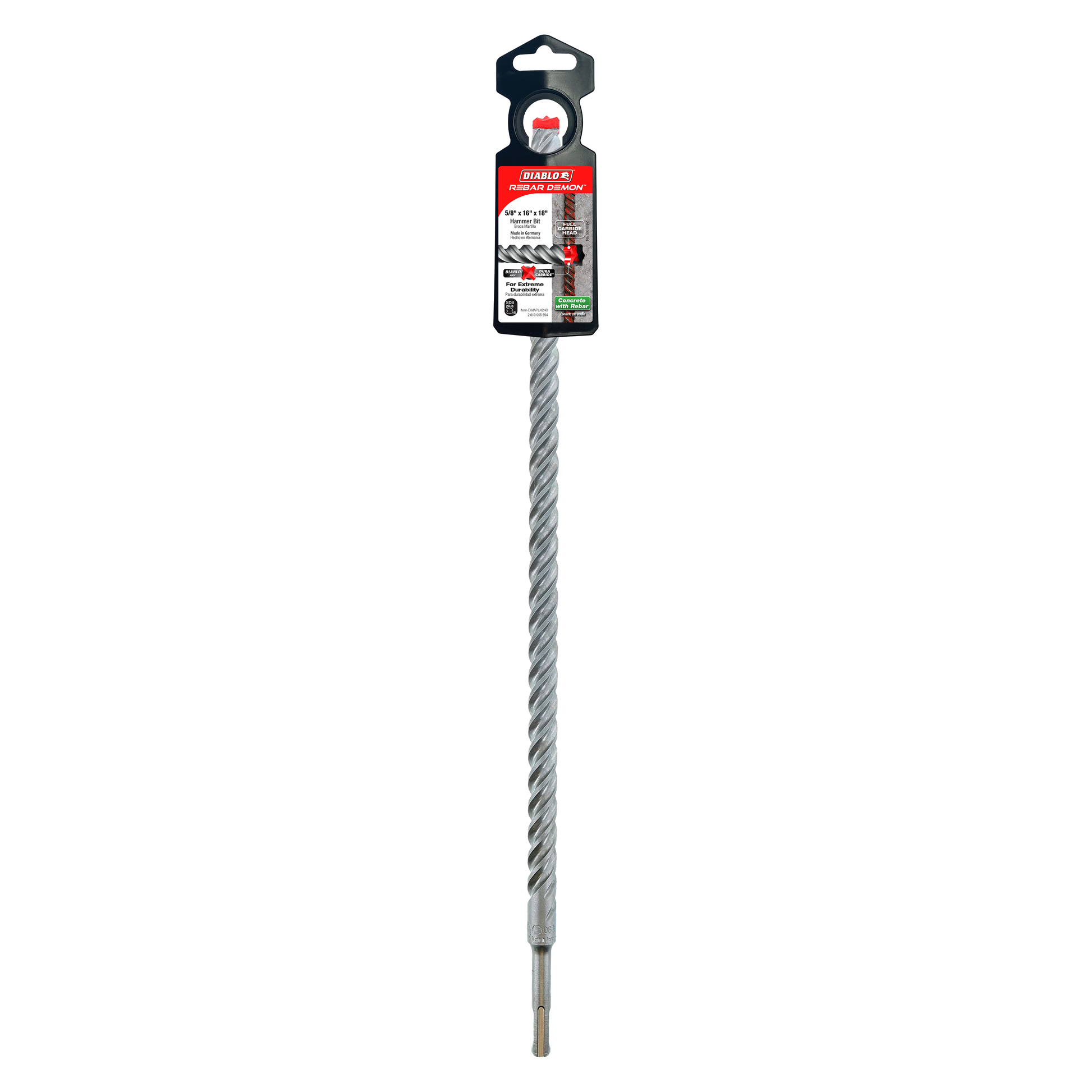 Diablo SDS-Plus hammer drill bit with spiral flutes and carbide cutting head, packaged with black plastic hang tag at top.