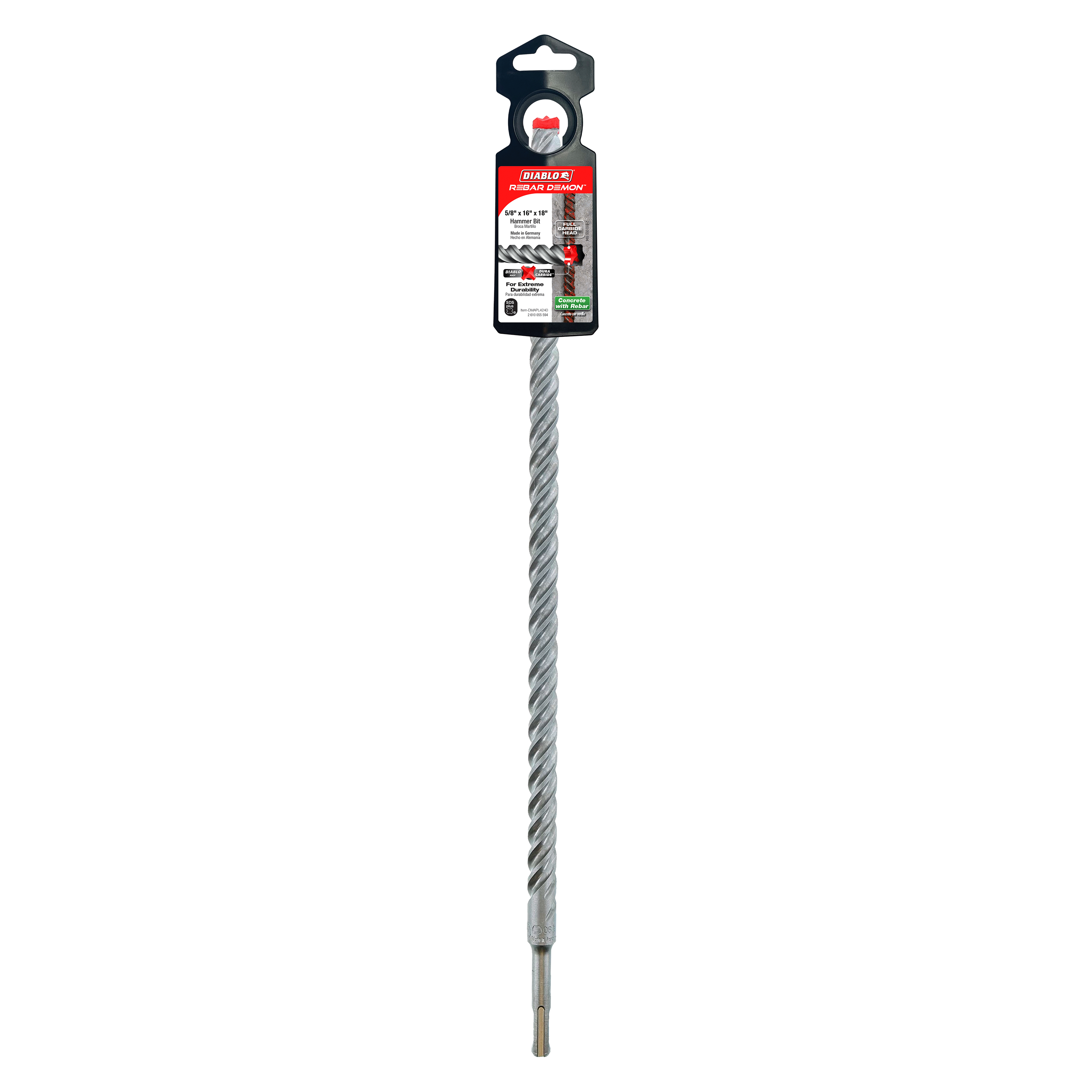 Diablo SDS-Plus hammer drill bit with spiral flutes and carbide cutting head, packaged with black plastic hang tag at top.