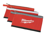 Three red canvas pouches with black trim, zippered tops, and fabric handles in varying sizes.