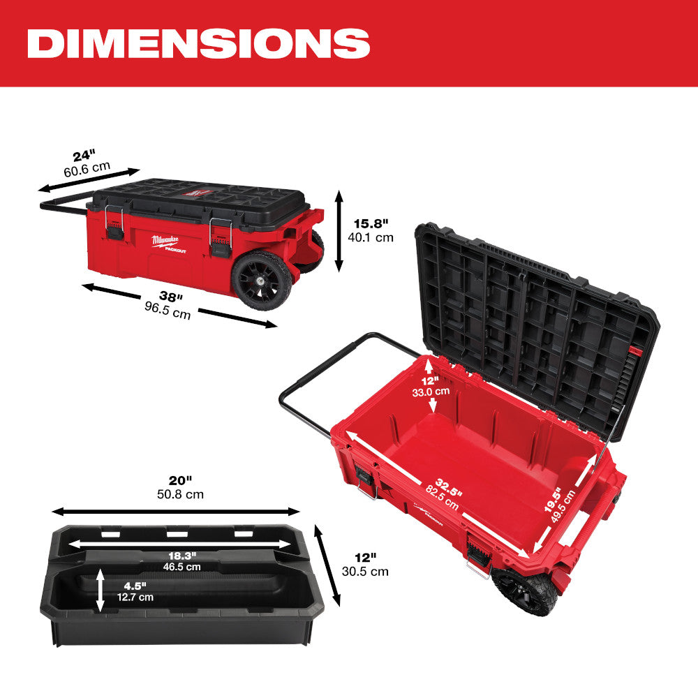 Red and black Milwaukee PACKOUT rolling tool chest with dimensions shown: 24" wide, 38" deep, 15.8" tall, with wheels and mod