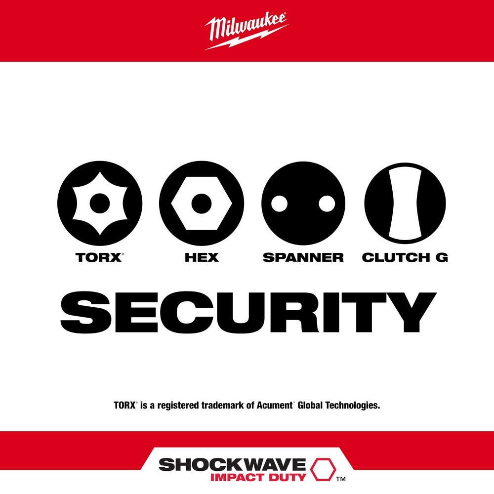Four security bit head types displayed: Torx, Hex, Spanner, and Clutch G with Milwaukee and Shockwave branding.