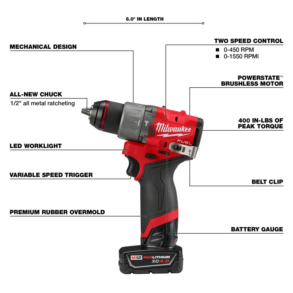 Milwaukee M12 FUEL 1/2" hammer drill/driver with red and black body, metal chuck, LED worklight, variable speed trigger, and 