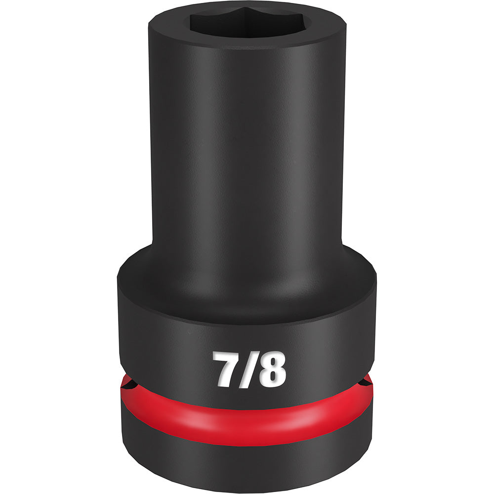 Black impact socket with 7/8" size marking and red band, featuring hexagonal opening for 1" drive.