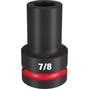 Black impact socket with 7/8" size marking and red band, featuring hexagonal opening for 1" drive.