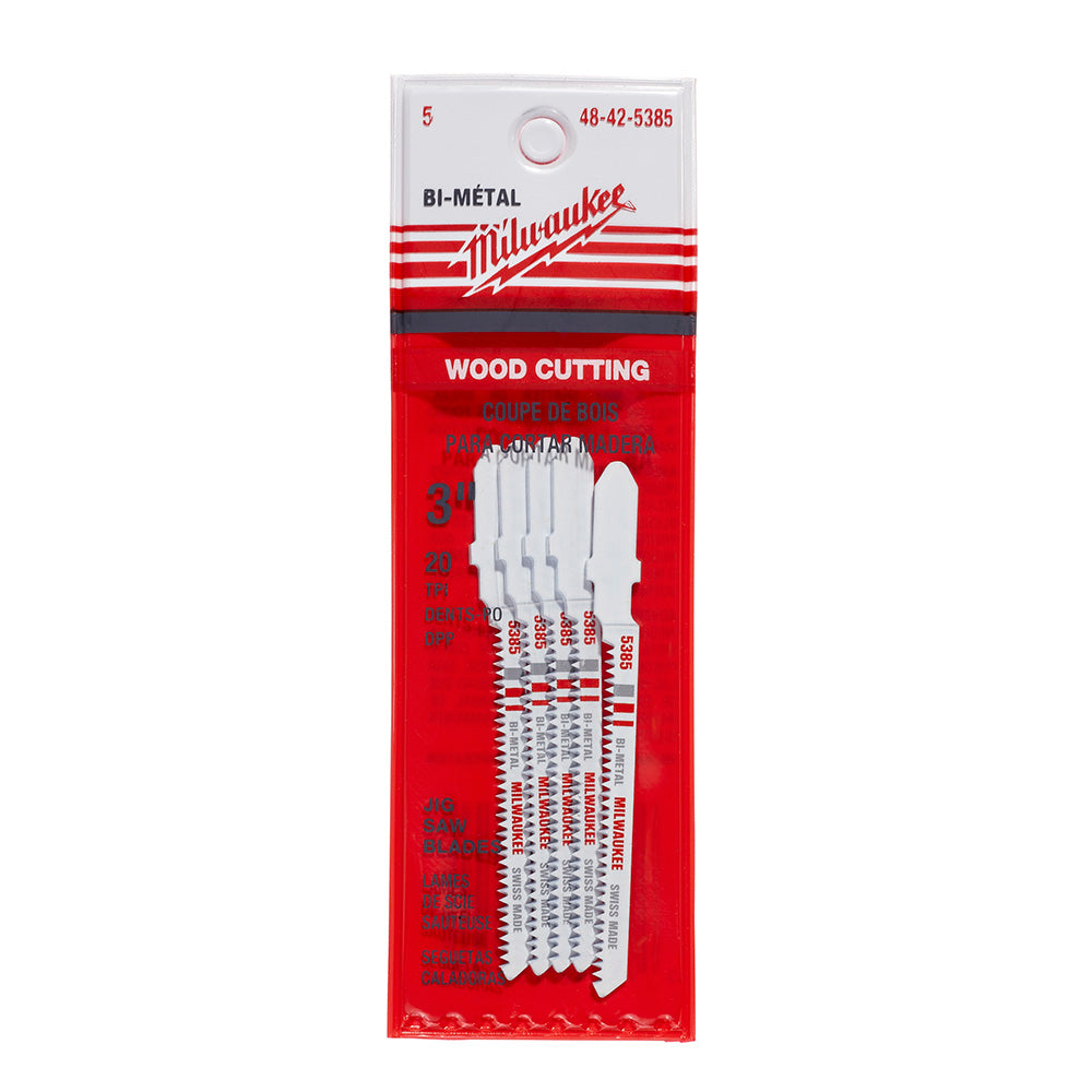 Five Milwaukee bi-metal jig saw blades with serrated edges for wood cutting in red and white packaging.