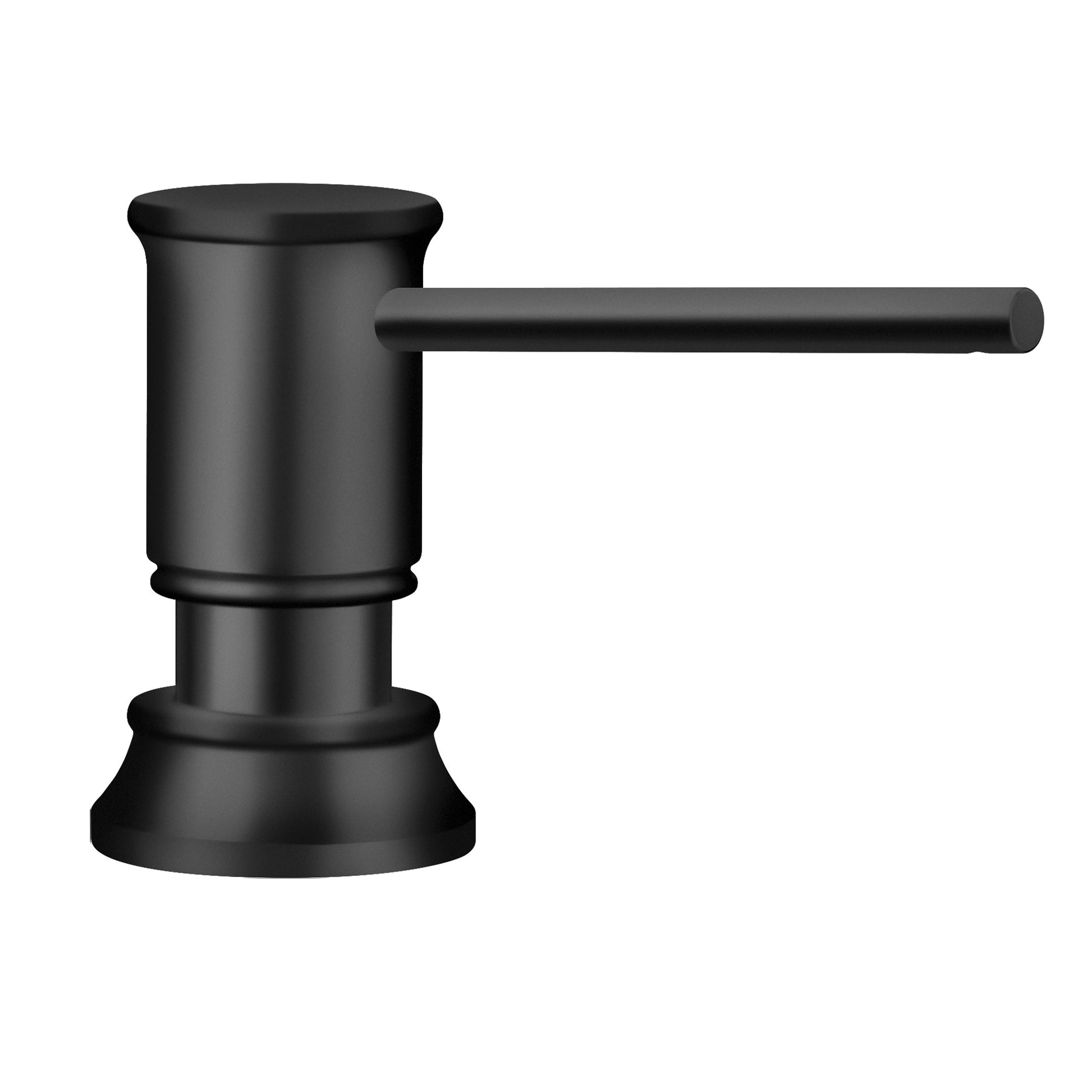 Matte black soap dispenser with cylindrical pump body and horizontal lever spout on round base.