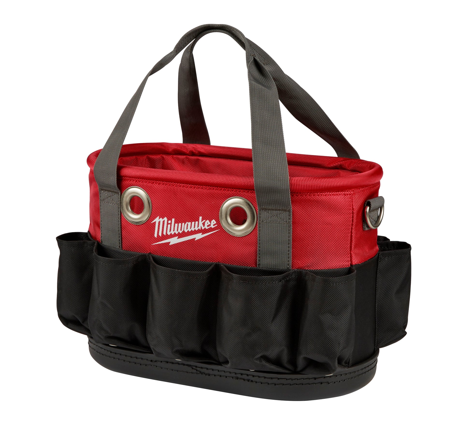 Red and black oval tool bag with gray handles, Milwaukee branding, metal grommets, and exterior pockets.