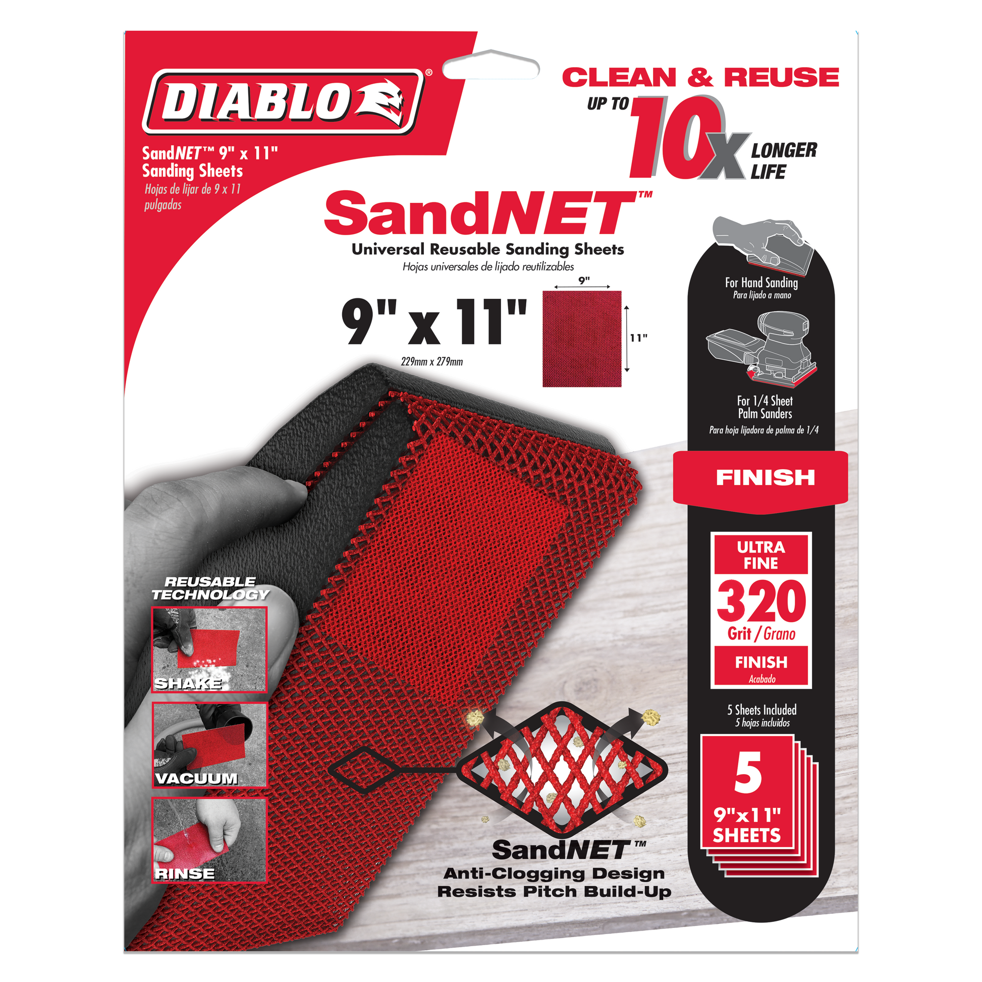 Five red 9" x 11" 320-grit SandNET reusable sanding sheets with black mesh backing held in hand.