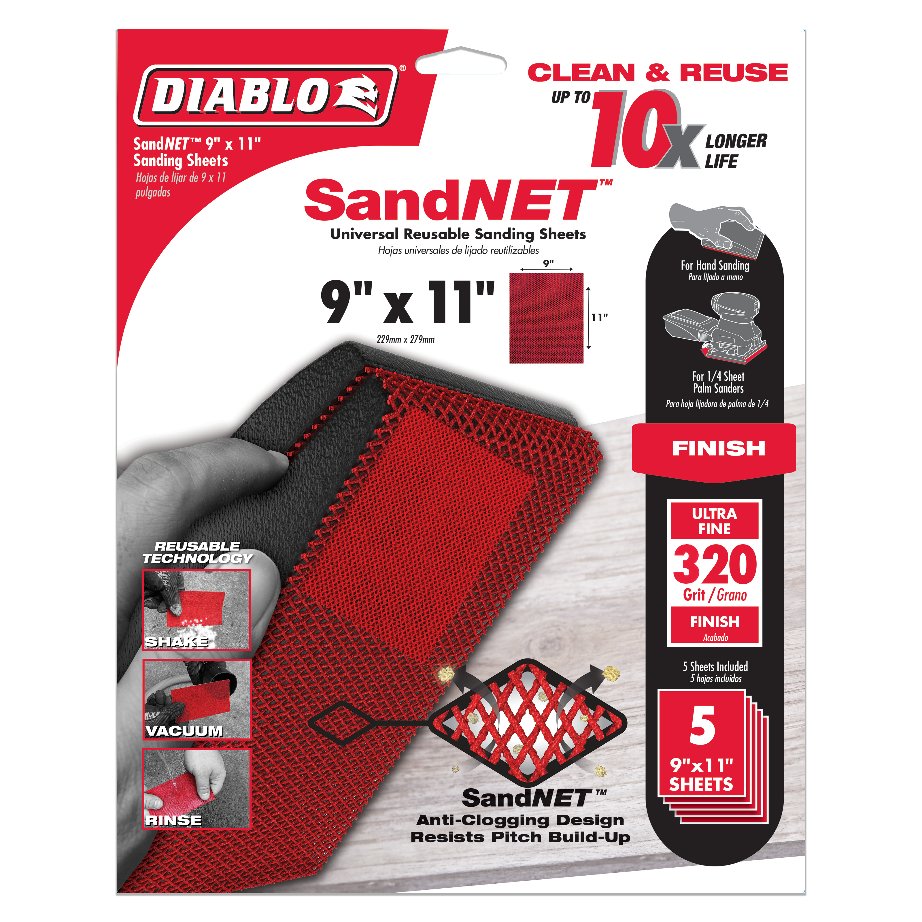 Five red 9" x 11" 320-grit SandNET reusable sanding sheets with black mesh backing held in hand.