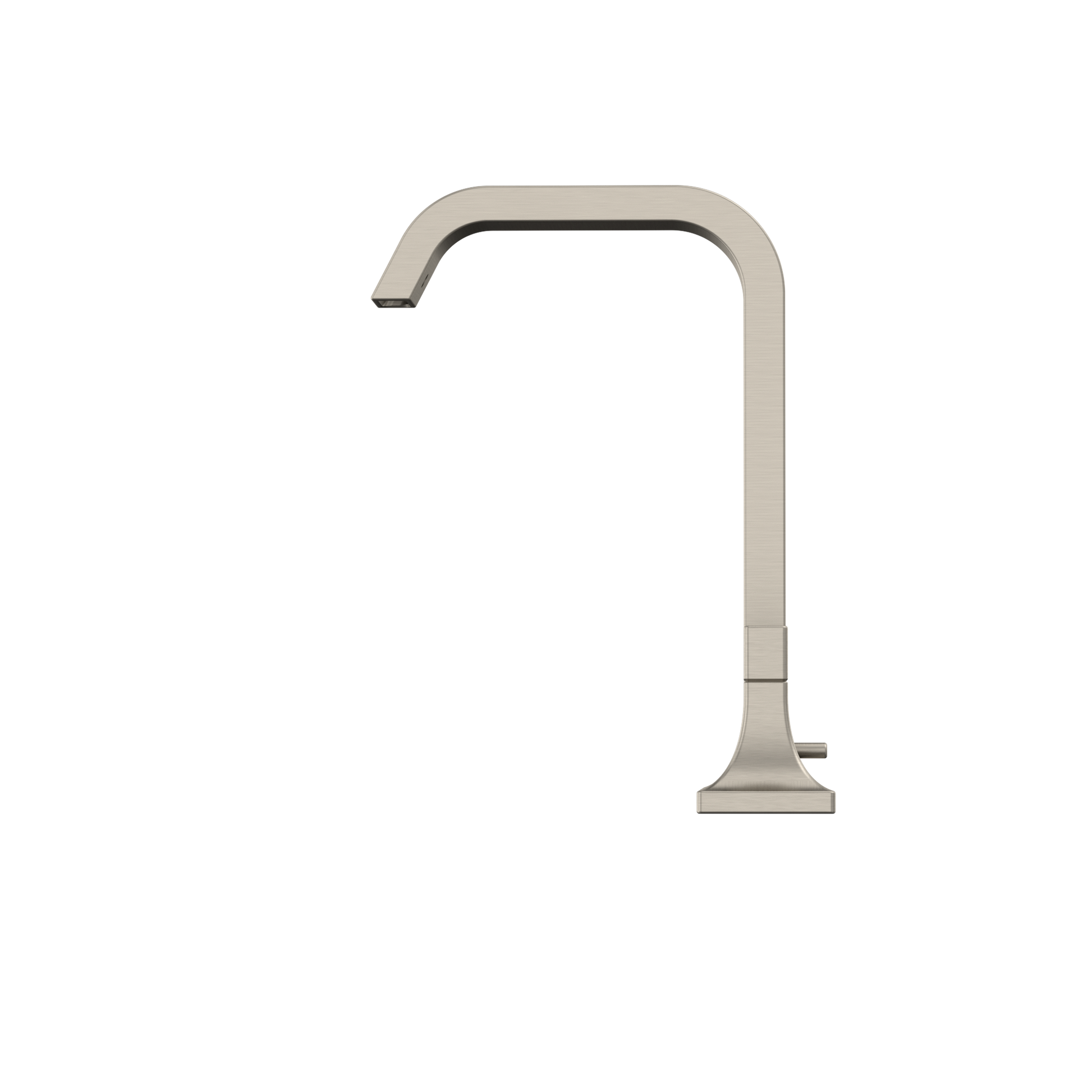 Brushed nickel bathroom sink faucet with tall curved spout and square base.