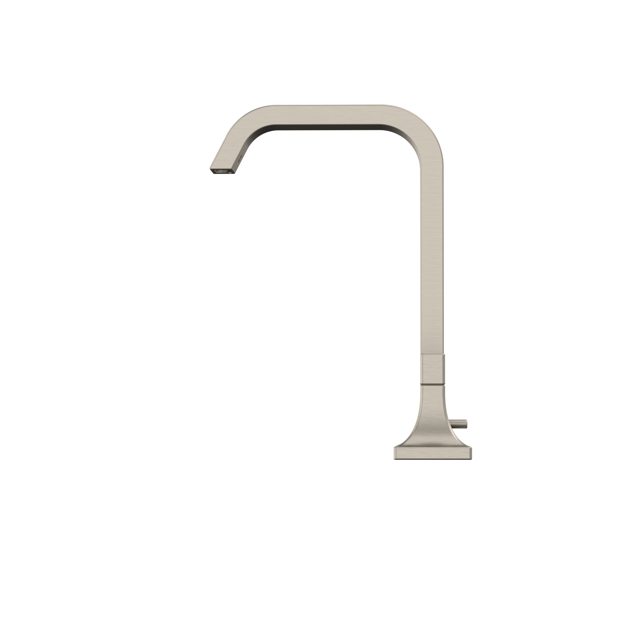 Brushed nickel bathroom sink faucet with tall curved spout and square base.