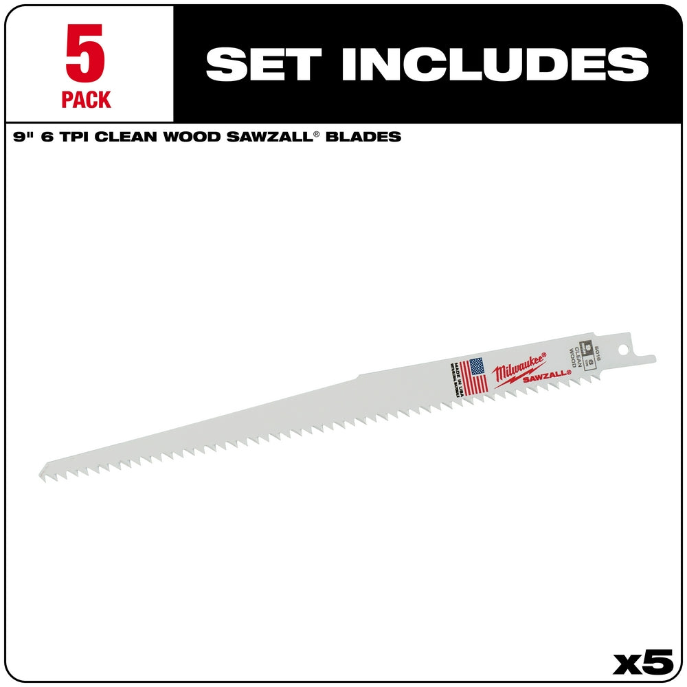 Five Milwaukee 9-inch SAWZALL blades with 6 TPI teeth and mounting holes for reciprocating saws.