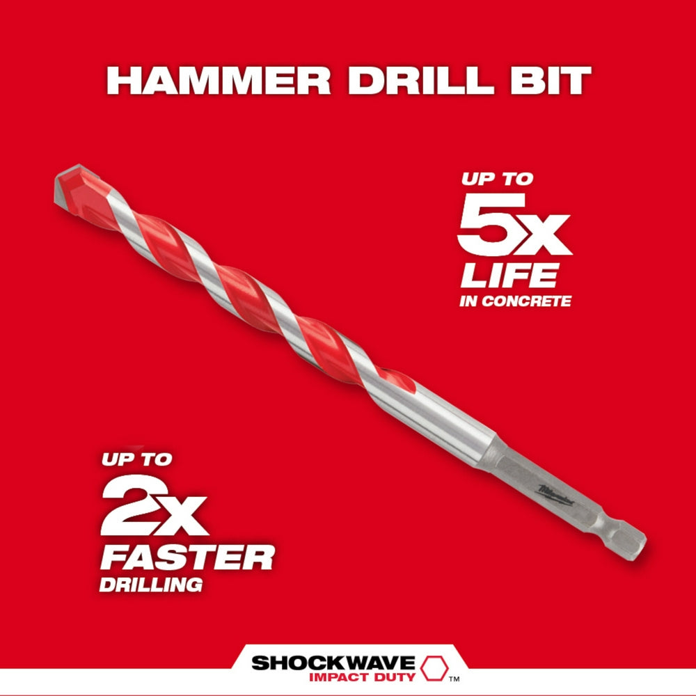 Red and silver carbide hammer drill bit with twisted flutes and hex shank against red background.