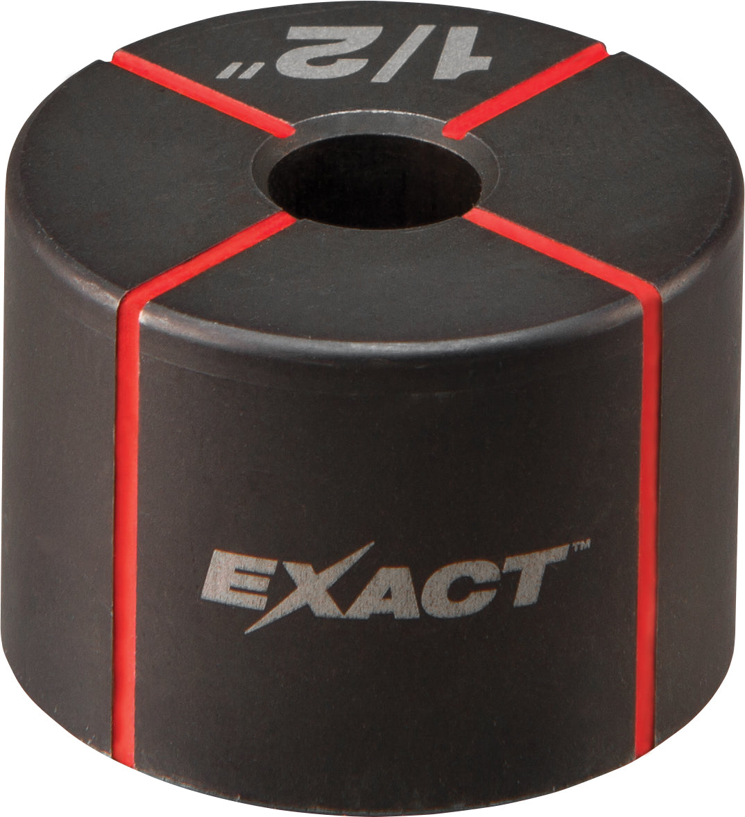 Black cylindrical Milwaukee EXACT knockout set with red stripe accents and central hole opening.