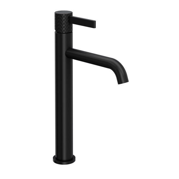 Matte black single-handle tall bathroom faucet with textured grip handle and curved spout.