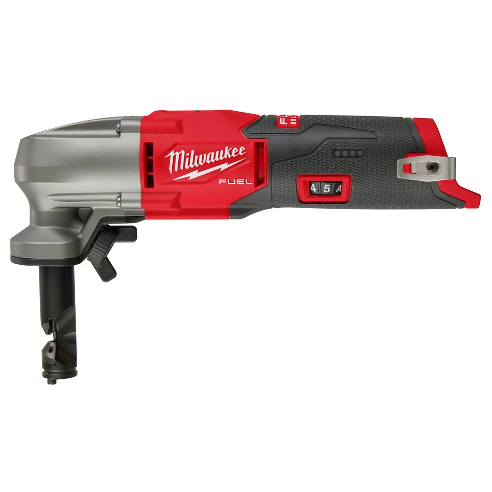 Milwaukee M12 FUEL cordless nibbler with red and black housing, variable speed dial, and metal cutting head.