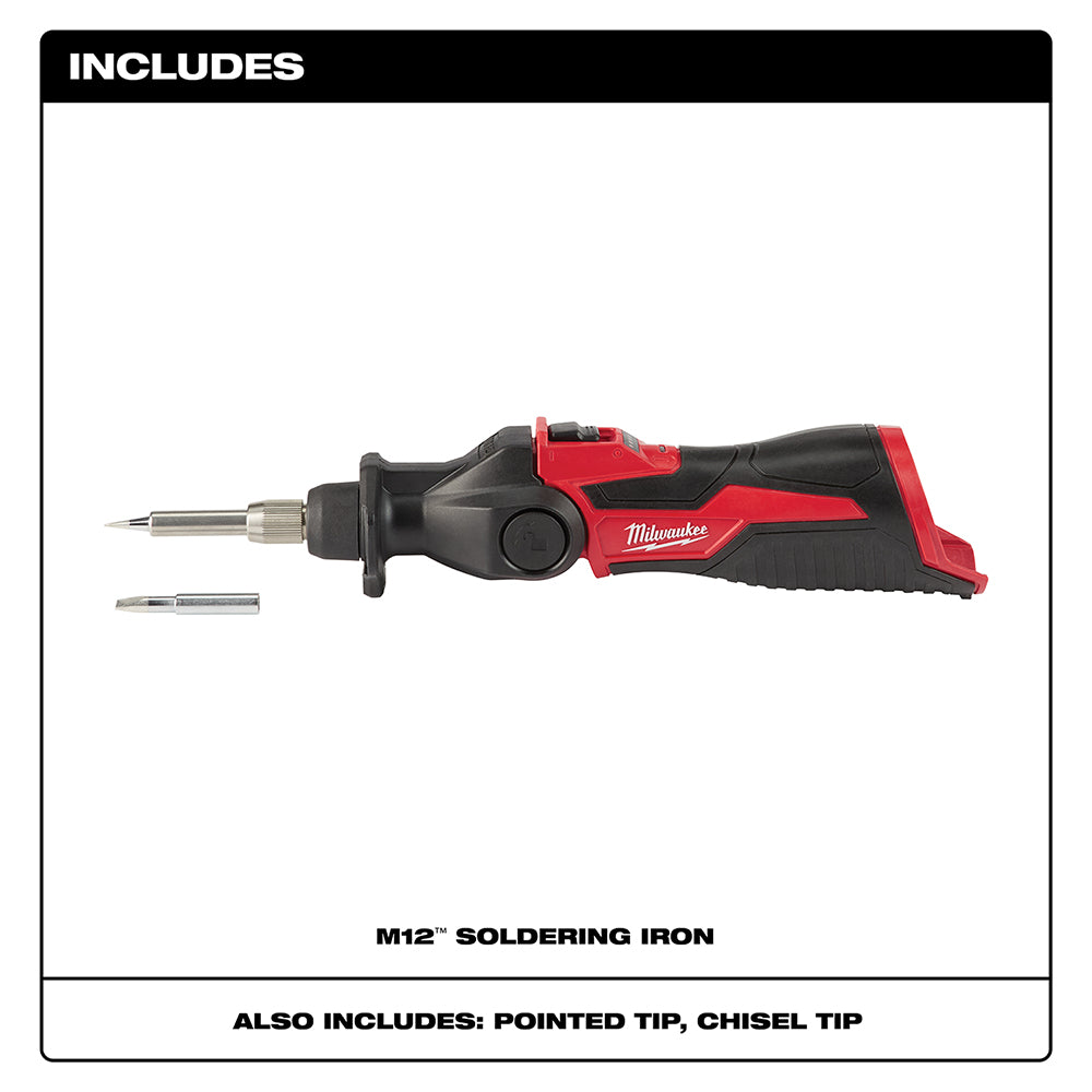 Milwaukee M12 soldering iron with red and black handle, metal tip, and two interchangeable tips displayed.