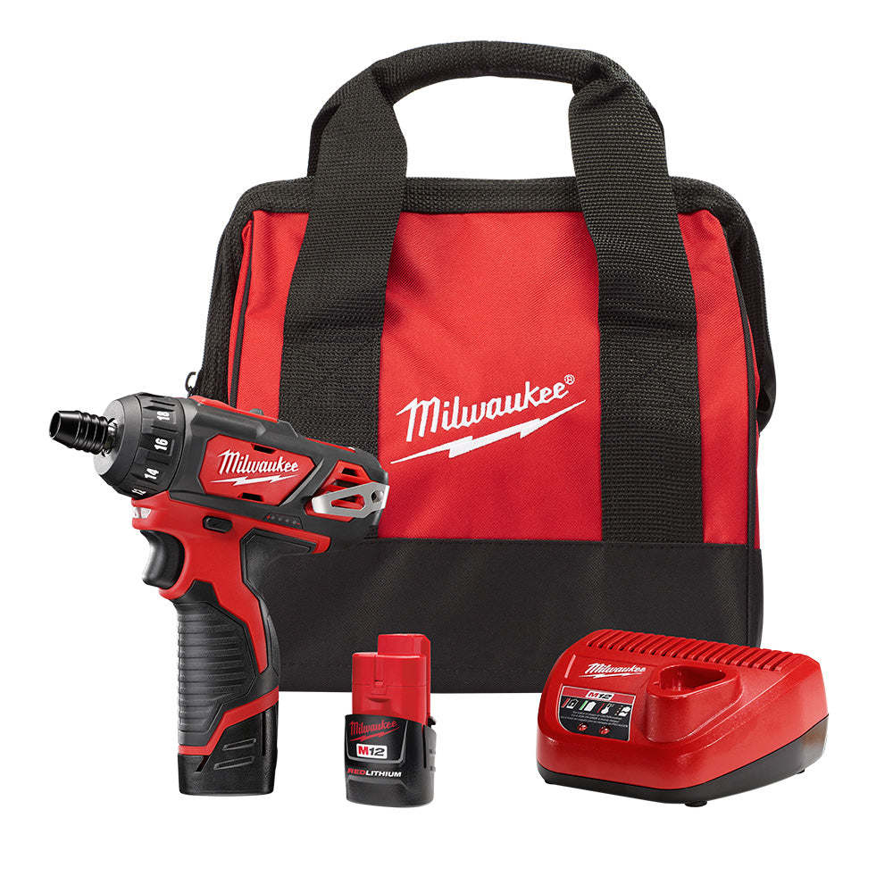 Red and black Milwaukee M12 hex screwdriver with two batteries, charger, and carrying bag.