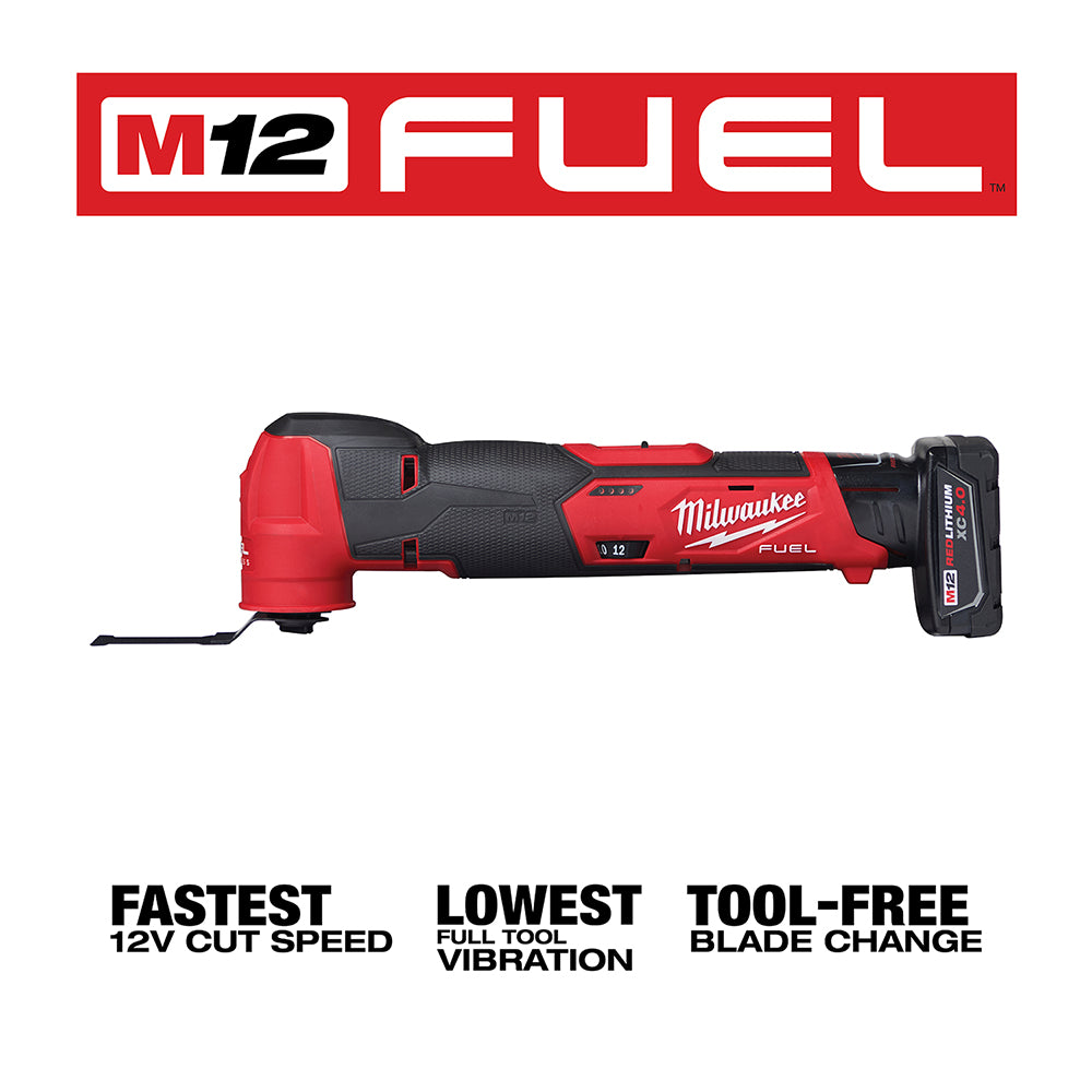 Milwaukee M12 FUEL red and black oscillating multi-tool with battery and blade attachment visible.
